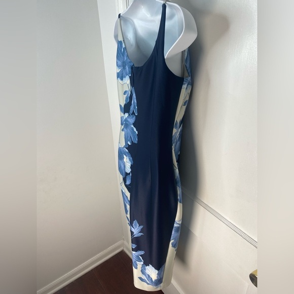 Donna Karan Boat Neck Sleeveless Sheath Navy & Cream Floral Midi Nightfall Dress - Picture 8 of 9